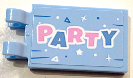 Lego Tile, Modified 2 x 3 with 2 Open O Clips with Medium Blue and Bright Pink 'PARTY' and White Stars, Triangles, Dots and Lines Pattern (Sticker) - Set 41453 / Bright Light Blue