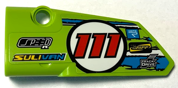 Lego Technic, Panel Fairing # 3 Small Smooth Long, Side A with 'SPEED', 'SULIVAN', 'MOTOR', 'FIRM GRIPP', 'TRACK DRIVE', Red '111' in Circle and Blue and White Stripes Pattern (Sticker) - Set 42103 / Lime