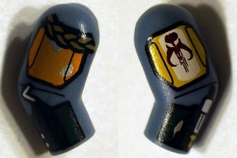 Lego Arm, (Matching Left and Right) Pair with Shoulder Armor with Black Lines, Braid, Dark Green Gauntlets with Rocket Launcher and Flamethrower Pattern / Sand Blue