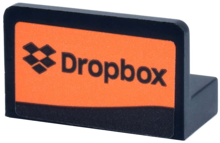 Lego Panel 1 x 2 x 1 with Rounded Corners with 'Dropbox' and Logo on Orange Background Pattern Model Left Side (Sticker) - Set 77251 / Black