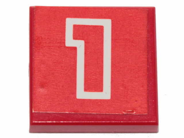Lego Tile 2 x 2 with Number 1 Red with White Outline on Red Background Pattern (Sticker) - Set 6382 / Red