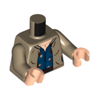 Lego Torso Jacket, Reddish Brown Belt, Dark Blue Shirt with Stains Print, Dark Tan Arms, Light Nougat Hands / Dark Tan