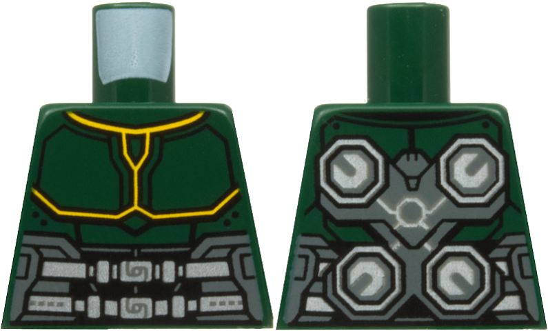Lego Torso Armor with Bright Light Orange Trim, Black, Dark Bluish Gray, and Silver Belt, Octagons on Back Pattern / Dark Green