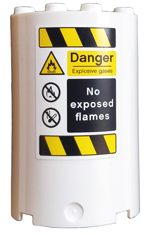 Lego Cylinder Half 2 x 4 x 5 with 1 x 2 Cutout with 'Danger', 'No exposed flames', and Black and Yellow Danger Stripes Pattern (Sticker) - Set 76037