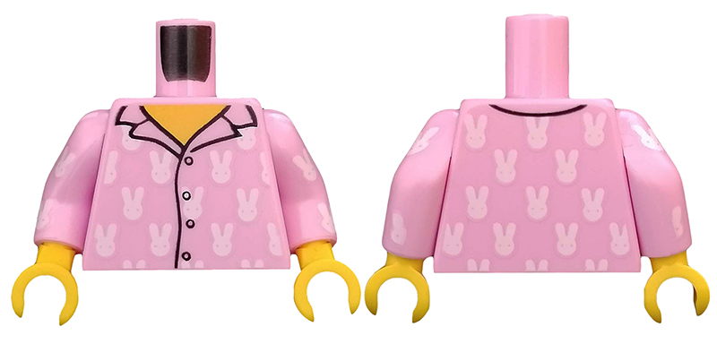 Lego Torso Pajamas 4 Buttons and White Rabbits Pattern / Bright Pink Arms with White Rabbits Pattern / Yellow Hands