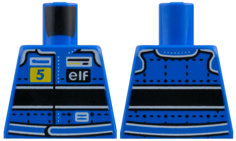 Lego Torso Racing Suit with Black Stitching in Grid, Thick Horizontal Stripe, Number 5 on Yellow Background, Elf Logo and Belt Pattern / Blue