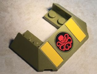 Lego Wedge 6 x 4 Cutout (Train Roof) with 5 Large Bottom Tubes with Red Hydra Logo in Black Circle and Yellow Stripes Pattern (Sticker) - Set 76017 / Olive Green