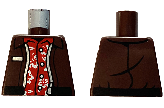 Lego Torso Aviator Leather Jacket Open with Black Waistband and Silver Zipper over Red Hawaiian Shirt with Buttons and White Flowers and Leaves Pattern / Dark Brown