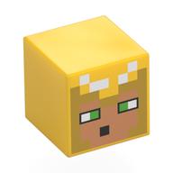 Lego Minifig Head Special, Cube with Pixelated Nougat Face, Gold Hood, Bright Green Eyes Print / Yellow