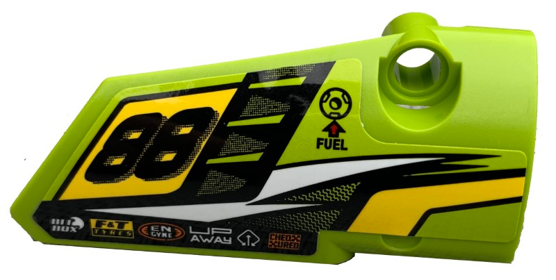 Lego Technic, Panel Fairing # 4 Small Smooth Long, Side B with '88', Fuel Hole, Yellow and White Stripes on Lime Background Pattern (Sticker) - Set 42072
