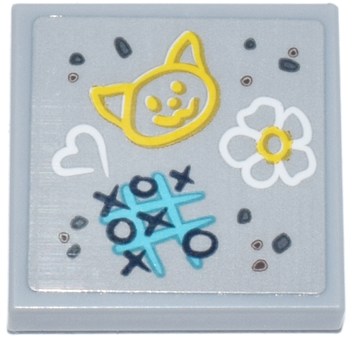 Lego Tile 2 x 2 with Dark Bluish Gray Spots, Yellow Cat, Medium Azure Tic Tac Toe, White Heart and Flower Sidewalk Chalk Drawings Pattern (Sticker) - Set 42670 / Light Bluish Gray