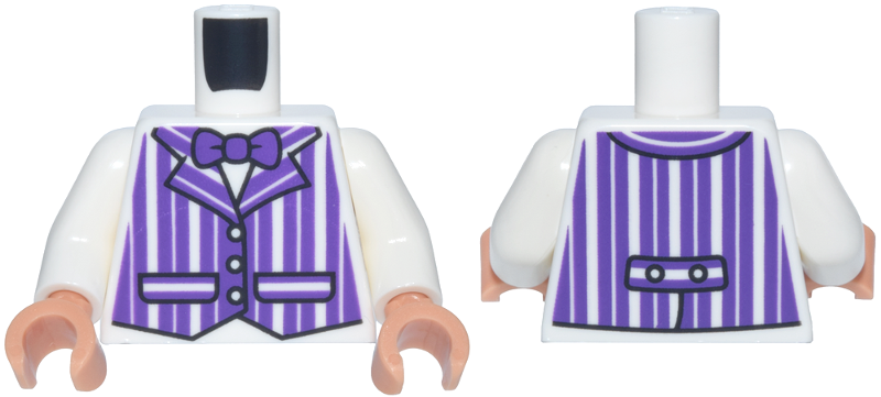 Lego Torso Vest with Dark Purple Vertical Stripes and Bow Tie, Black Trim and Pockets Pattern / White Arms / Nougat Hands