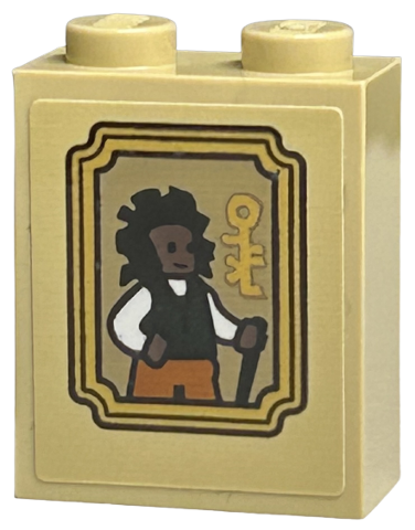 Lego Brick 1 x 2 x 2 with Inside Stud Holder with Picture of Man with Staff and Symbol in Gold Frame Pattern (Sticker) - Set 40577