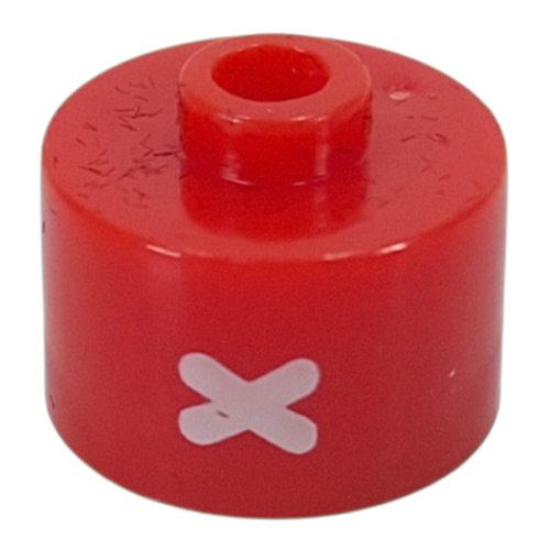 Lego Pen Bead, Round Long, Flat Edge with White 'X' Print / Red