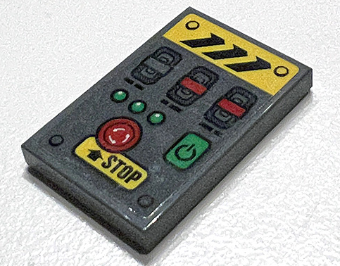 Lego Tile 2 x 3 with Red Emergency 'STOP' Button, Black Danger Stripes, Green Lights and Power Switch Pattern (Sticker) - Set 42097 / Dark Bluish Gray