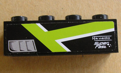 Lego Brick 1 x 4 with Silver Intake, Lime T Stripe and 'Hevado Super Fast' Pattern Model Left Side (Sticker) - Set 8154