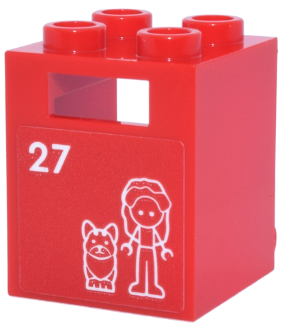 Lego Container, Box 2 x 2 x 2 with White Mini Doll and Dog Outline and Number 27 Pattern (Sticker) - Set 42653 / Red