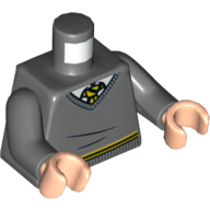 Lego Torso Sweater, White Collar, Yellow and Black Necktie and Waist Trim (Hufflepuff) Print, Dark Bluish Gray Arms, Light Nougat Hands / Dark Bluish Gray