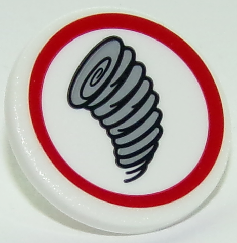 Lego Road Sign 2 x 2 Round with Clip with Tornado in Red Circle Pattern (Sticker) - Set 10261 / White