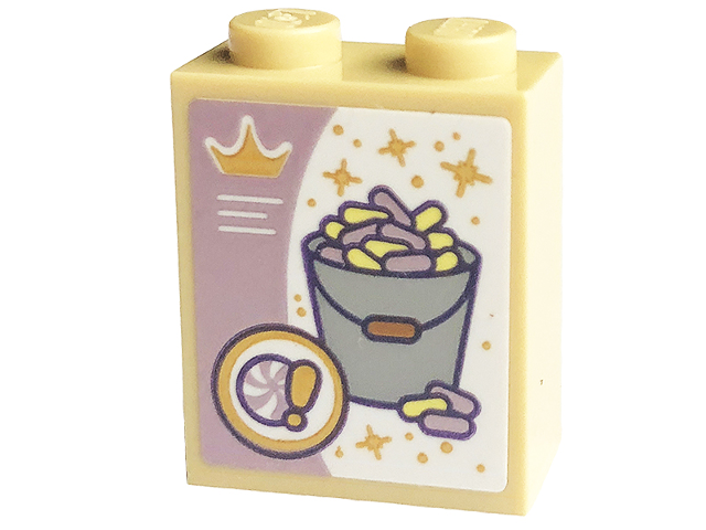 Lego Brick 1 x 2 x 2 with Inside Stud Holder with Gold Stars and Crown and Light Bluish Gray Bucket with Horse Treats Pattern (Sticker) - Set 43195 / Tan