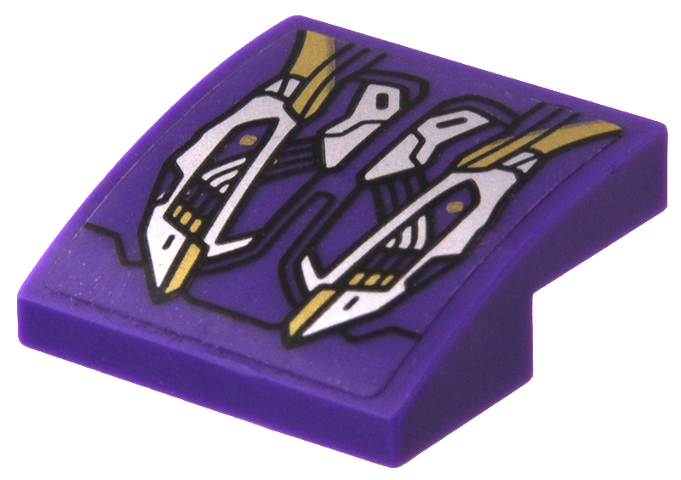 Lego Slope, Curved 2 x 2 x 2/3 with Gold and Silver Mechanical Pattern (Sticker) - Set 76144 / Dark Purple
