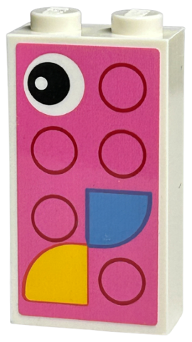 Lego Brick 1 x 2 x 3 with Black Eye, Yellow and Medium Blue Quarter Tiles, and Magenta Circles on Dark Pink Background Pattern (Sticker) - Set 40574