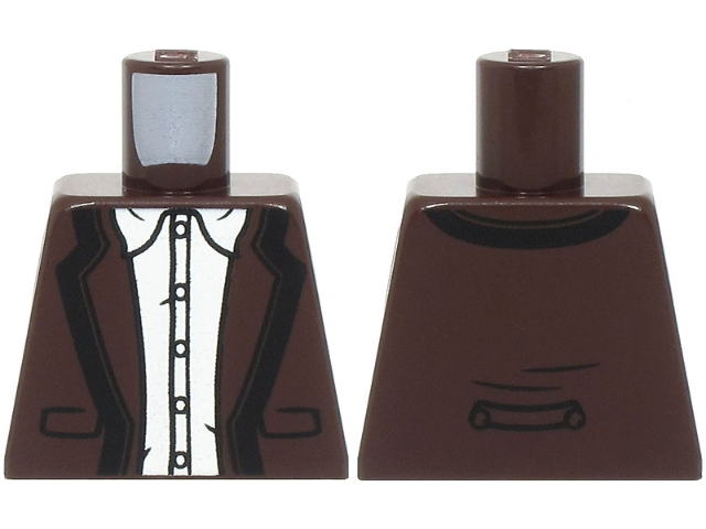 Lego Torso Jacket Open with Pockets, Lapels and Black Trim, White Shirt with Collar Pattern / Dark Brown