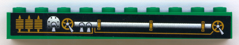 Lego Brick 1 x 10 with Engine and Pipes Pattern Model Left Side (Sticker) - My Own Train Sets / Green
