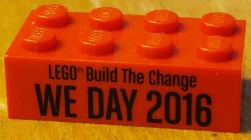 Lego Brick 2 x 4 with 'LEGO Build The Change' and 'WE DAY 2016' Pattern / Red