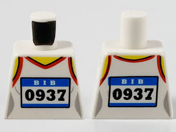 Lego Torso Female Shirt, Red Hems and Racing Bib with 'BIB 0937' Pattern / White