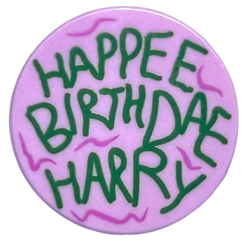 Lego Tile, Round 2 x 2 with Bottom Stud Holder with Green 'HAPPEE BIRTHDAE HARRY', Dark Pink Swirls Pattern / Bright Pink