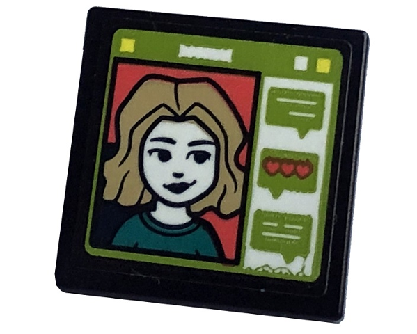 Lego Road Sign 2 x 2 Square with Open O Clip with Screen, Woman with Tan Hair, Lime Chat Windows and Coral Hearts Pattern (Sticker) - Set 41755 / Black