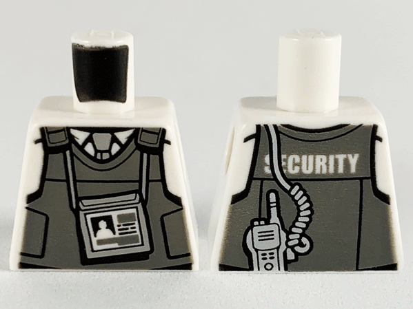 Lego Torso Dark Bluish Gray Body Armor Vest over Shirt, Light Bluish Gray Tie, ID Badge, 'SECURITY' and Silver Radio on Back Pattern / White