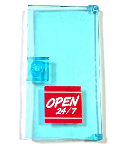 Lego Door 1 x 4 x 6 with Stud Handle with 'OPEN 24/7' Sign on Red Background Pattern (Sticker) - Set 60132 / Trans-Light Blue