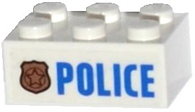 Lego Brick 2 x 3 with Police Copper Star Badge and Blue 'POLICE' Pattern (Sticker) - Set 60130 / White
