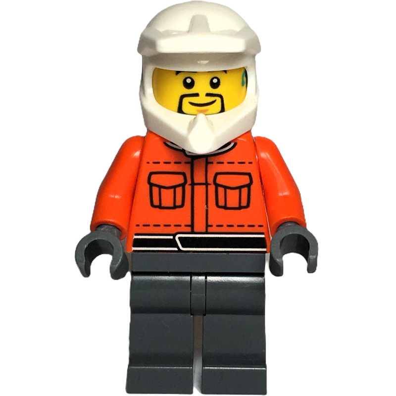 Lego Pit Crew, Reddish Orange Torso, Dark Bluish Grey Legs, Male, Black Beard