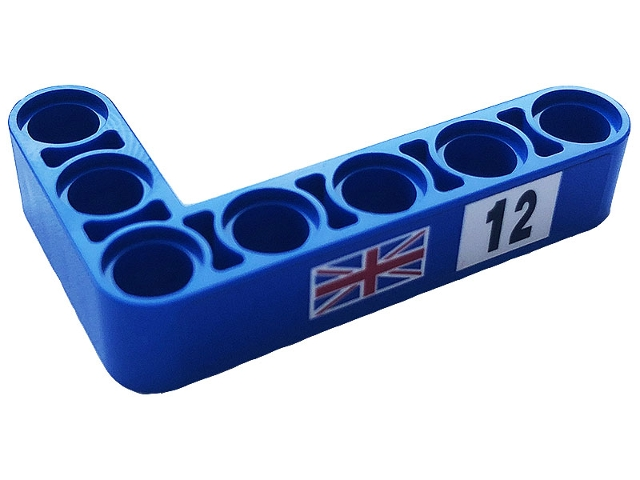 Lego Technic, Liftarm, Modified Bent Thick L-Shape 3 x 5 with Black Number 12 on White Background and United Kingdom Flag Pattern Model Right Side (Sticker) - Set 42123 / Blue