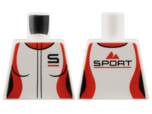 Lego Torso Female Racing Suit with Black Capital Letter S and Red Collar and Side Panels, Mountains Logo and 'SPORT' on Back Pattern / White