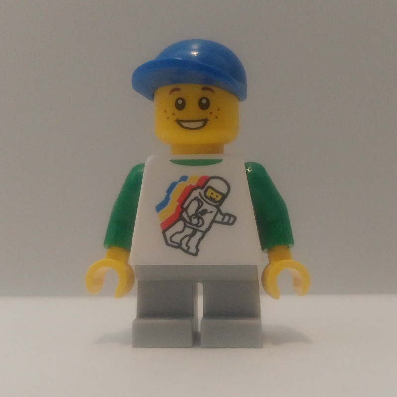 Lego Kid, White Torso, Light Bluish Grey Legs, Blue Cap (41879a Legs)