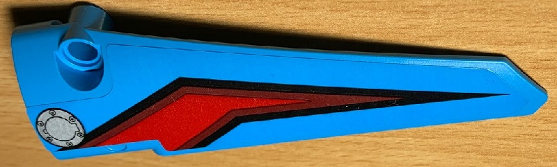 Lego Technic, Panel Fairing # 5 Long Smooth, Side A with Gas Hatch and Red, Dark Red and Black Lines Pattern (Sticker) - Set 42077 / Dark Azure