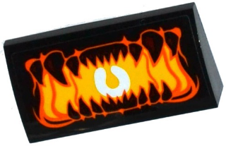 Lego Slope, Curved 2 x 4 x 2/3 with Bottom Tubes with Open Mouth with Pointed Teeth and Bright Light Orange Uvula Pattern (Sticker) - Set 70316 / Black