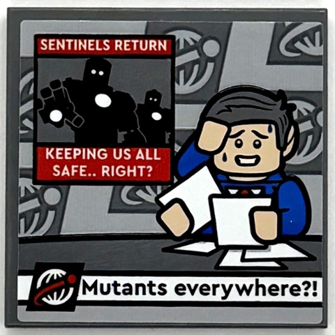Lego Tile 4 x 4 with TV Newscast with News Anchor, 'SENTINELS RETURN KEEPING US ALL SAFE.. RIGHT?' and 'Mutants everywhere?!' Pattern (Sticker) - Set 76294 / Dark Bluish Gray