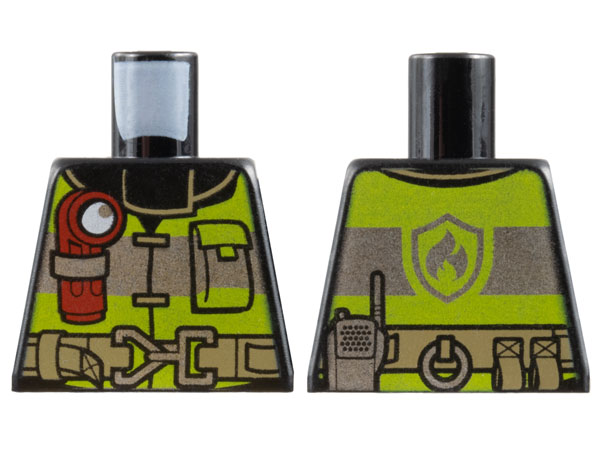 Lego Torso Fire Reflective Stripes with Utility Belt and Flashlight Front, Fire Badge on Back Pattern / Black