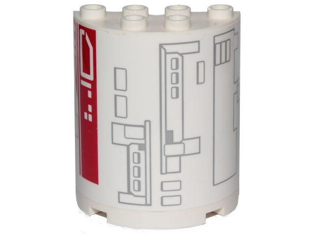 Lego Cylinder Half 2 x 4 x 4 with Light Bluish Gray and Red Mechanical Rectangles on White Background Pattern Model Left Side (Sticker) - Set 75249