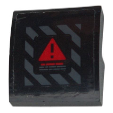 Lego Slope, Curved 2 x 2 x 2/3 with Red Warning Triangle on Dark Bluish Gray Danger Stripes Pattern (Sticker) - Set 70923 / Black