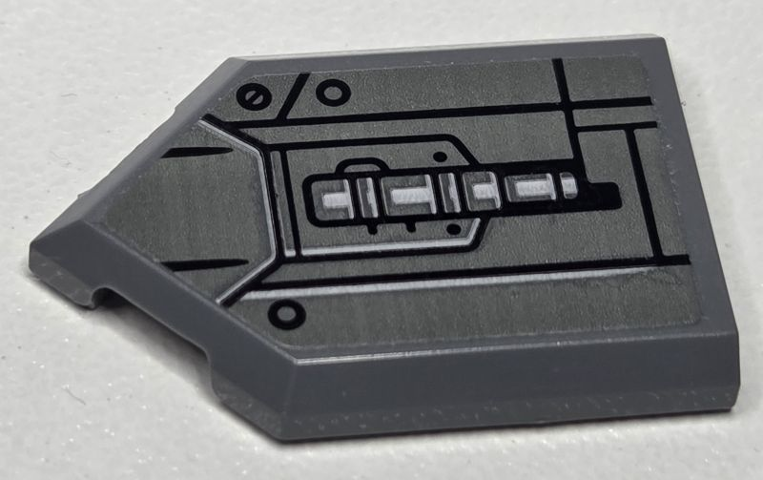 Lego Tile, Modified 2 x 3 Pentagonal with Metal Plates, Black Screw, Rivets, Lines and Silver Mechanical Highlights Pattern (Sticker) - Set 76282