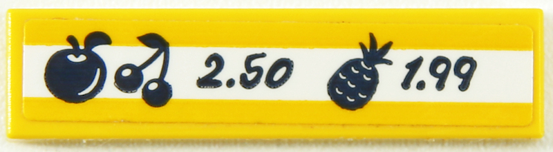 Lego Tile 1 x 4 with Fruit Prices, '2.50', '1.99', Apple, Cherries and Pineapple on White Stripe Pattern (Sticker) - Set 41704 / Yellow