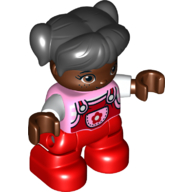 Lego Duplo Figure Child with Ponytails and Bangs Black, with Red Legs, Red Dungarees with Flower Print