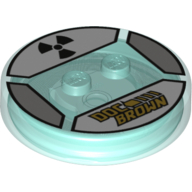 Lego Function Brick Round 4 x 4 x 2/3 with 2 Studs and Gold 'DOC BROWN' and Black Radioactive Symbol Print