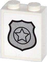 Lego Brick 1 x 2 x 2 with Inside Stud Holder with Silver Police Badge Pattern (Sticker) - Sets 60044 / 60046 / White